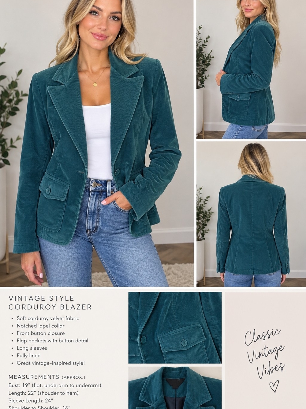 Vintage-Inspired Teal Corduroy Blazer Jacket